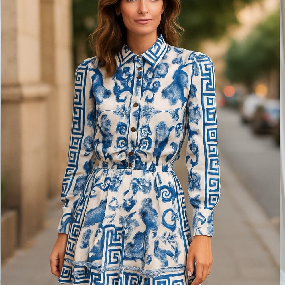 Blue and White Patterned Dress splash